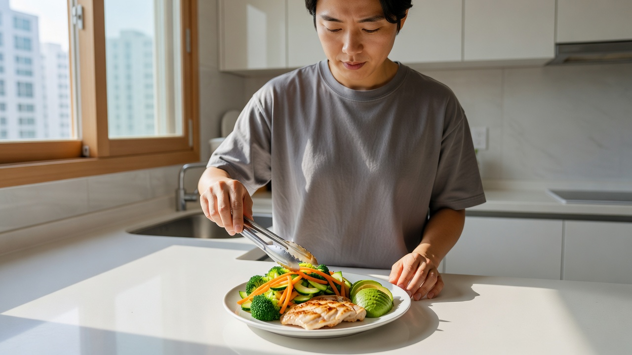 하루 한끼 다이어트 전 단백질과 채소 위주의 식사 점검 장면
