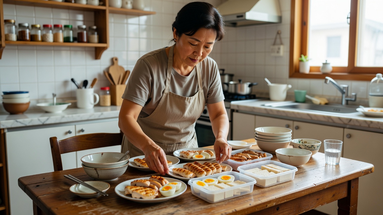 원푸드 식단 단백질 계획을 세우는 주방 모습